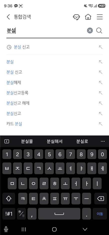 국민은행 앱 통합검색에서 "분실" 입력