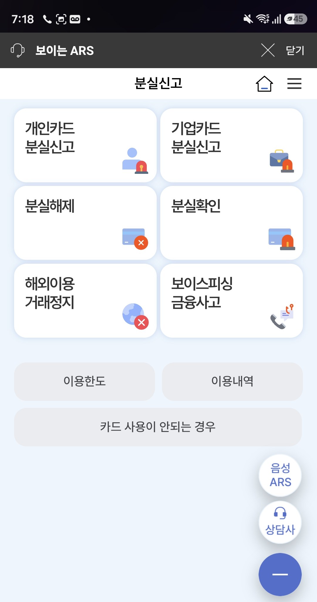 분실신고 화면 — 개인카드·기업카드 분실신고, 분실해제, 분실확인, 해외이용 거래정지