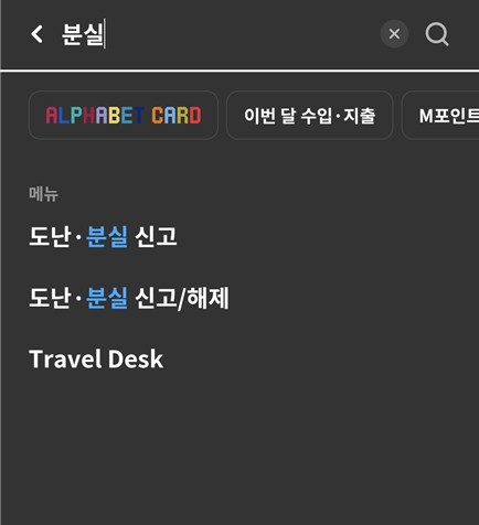 앱에서 "분실" 검색 — 도난·분실 신고, 도난·분실 신고/해제