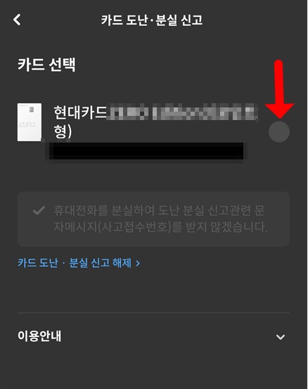 카드 선택 화면 — 휴대폰 분실 체크 칸과 신고 해제 링크